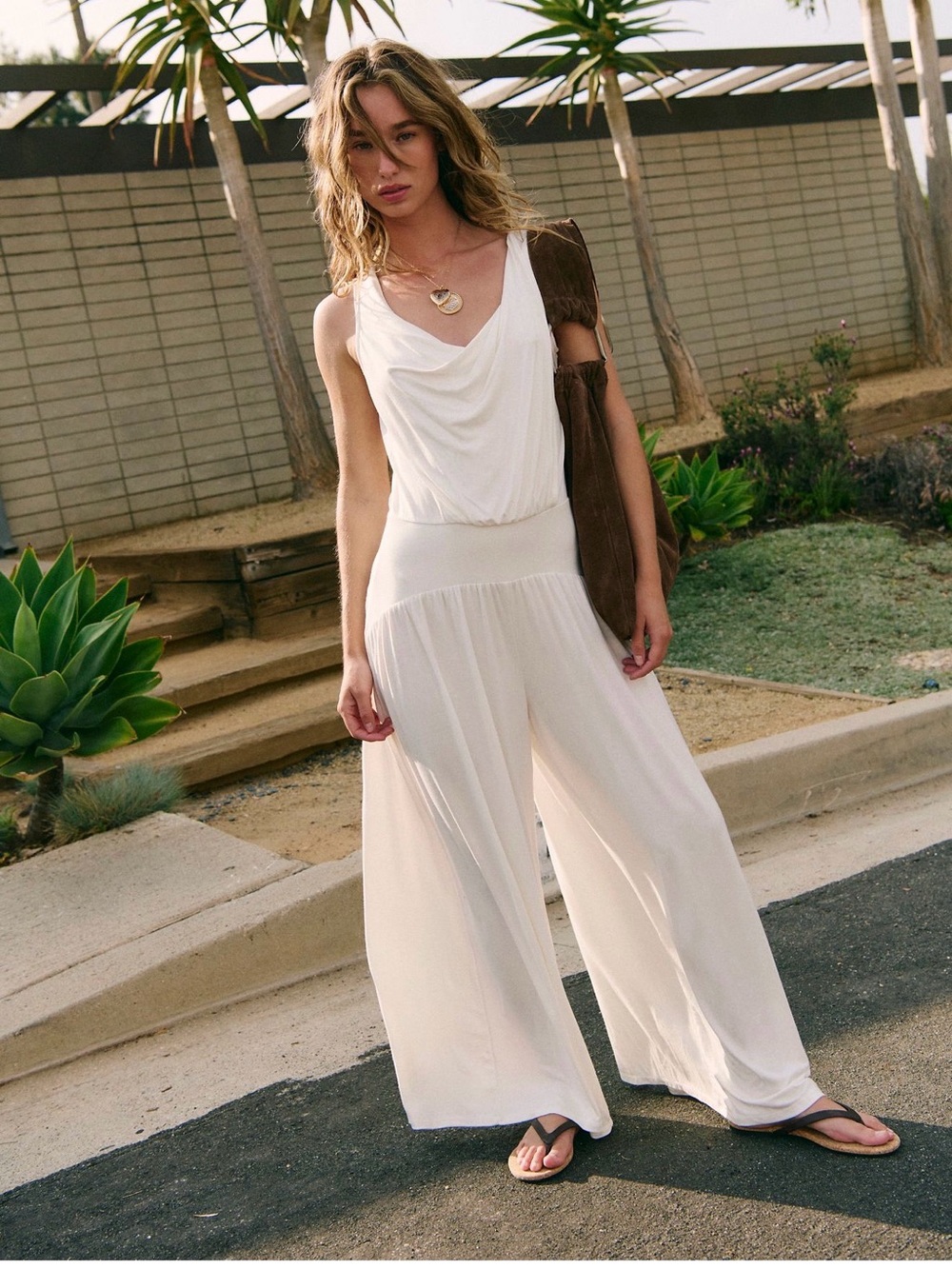 Free People Cream Wide-Leg Sleeveless Jumpsuit